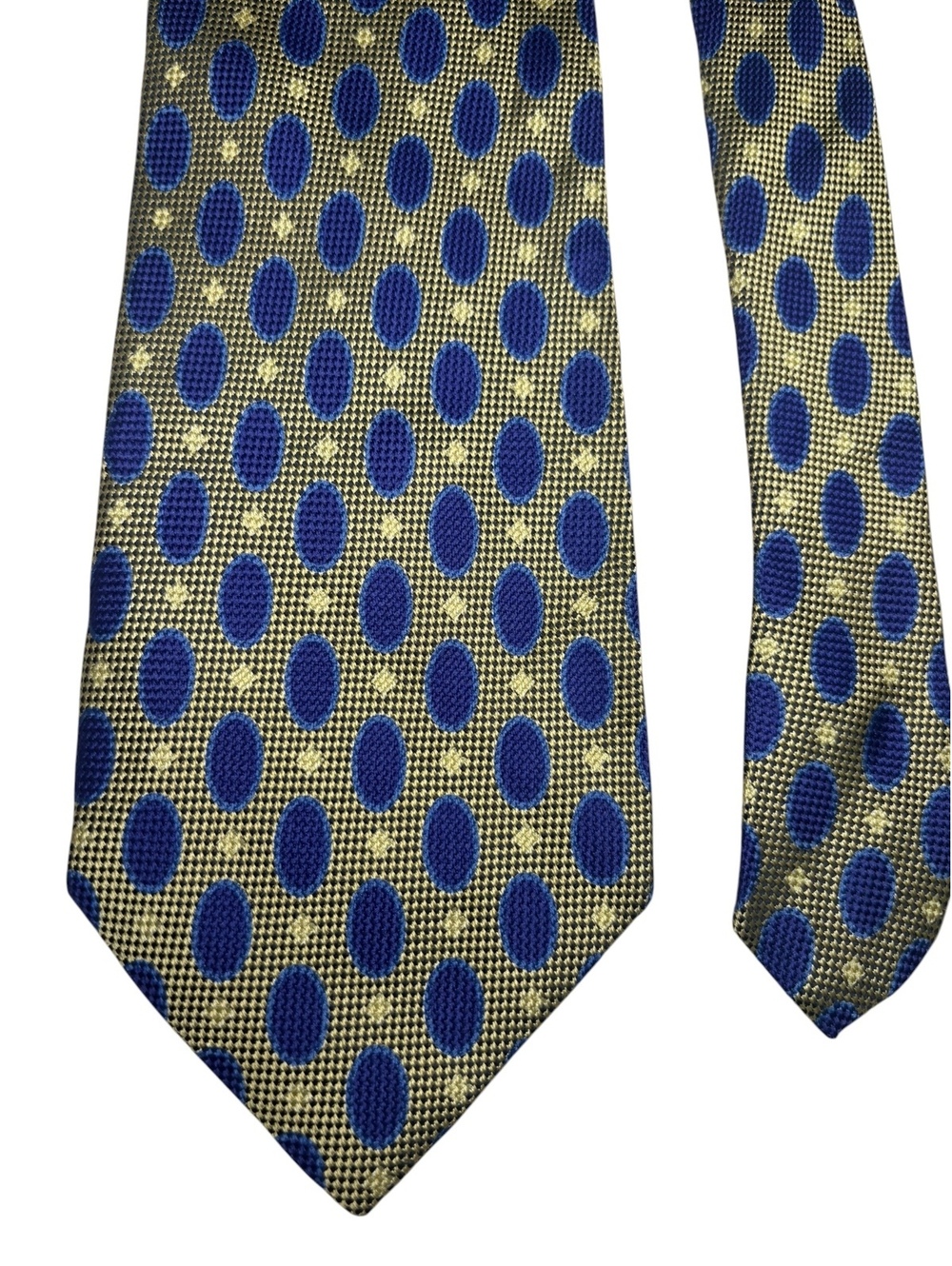 Hickey Freeman Silk Gold Blue Jacquard Polka Dot Made in Italy Designer Tie